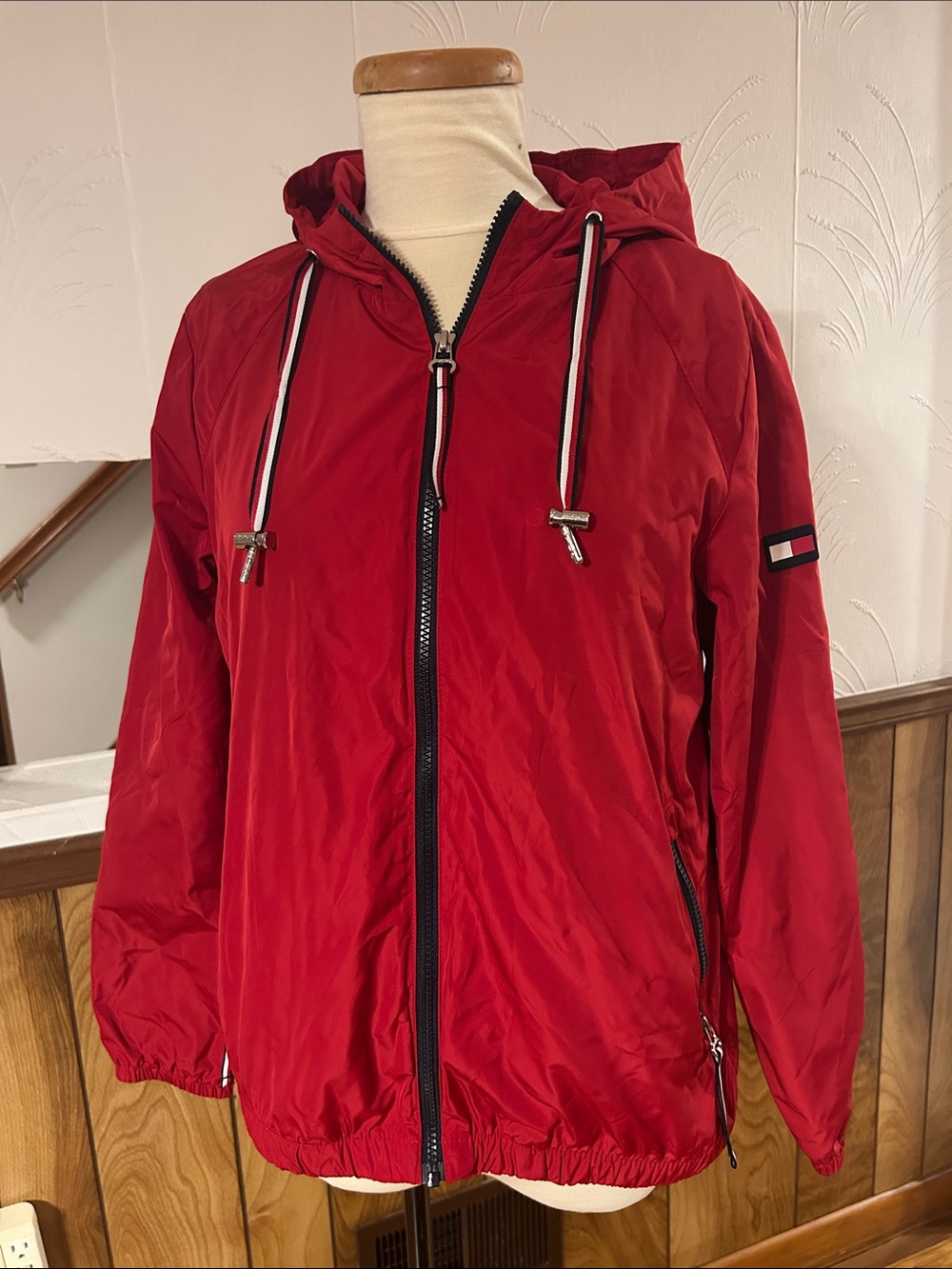 Tommy Hilfiger Red Hooded Windbreaker with Contrast Drawcords
